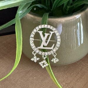 Silver Tone Rhinestone Circle Brooch w/ Dangle Charms